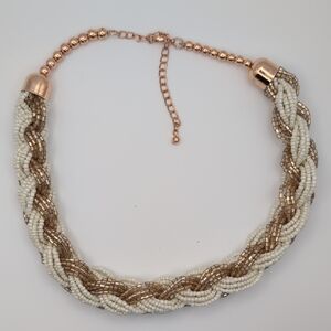 Braided Beaded Choker Necklace in White and Rose Gold Tone 17.5-21"